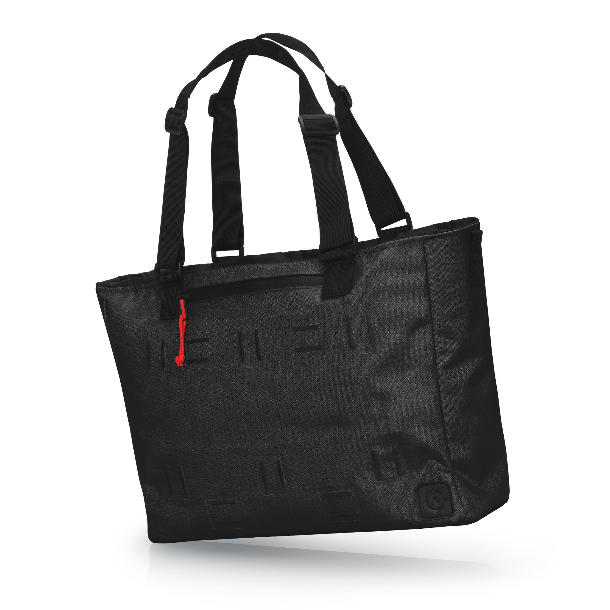 Black tote bag with a red zipper on a white background