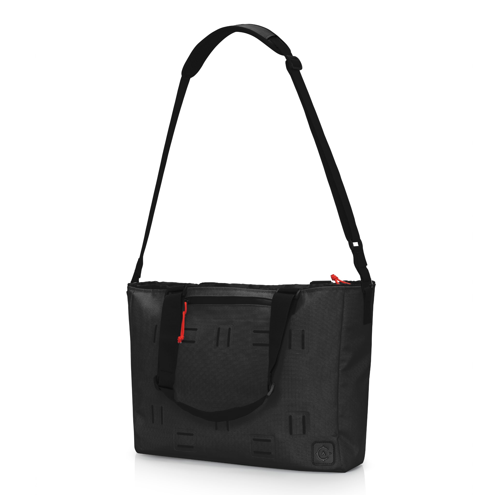 Black shoulder bag with a red zipper on a white background