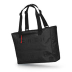 Black tote bag with a red zipper on a white background