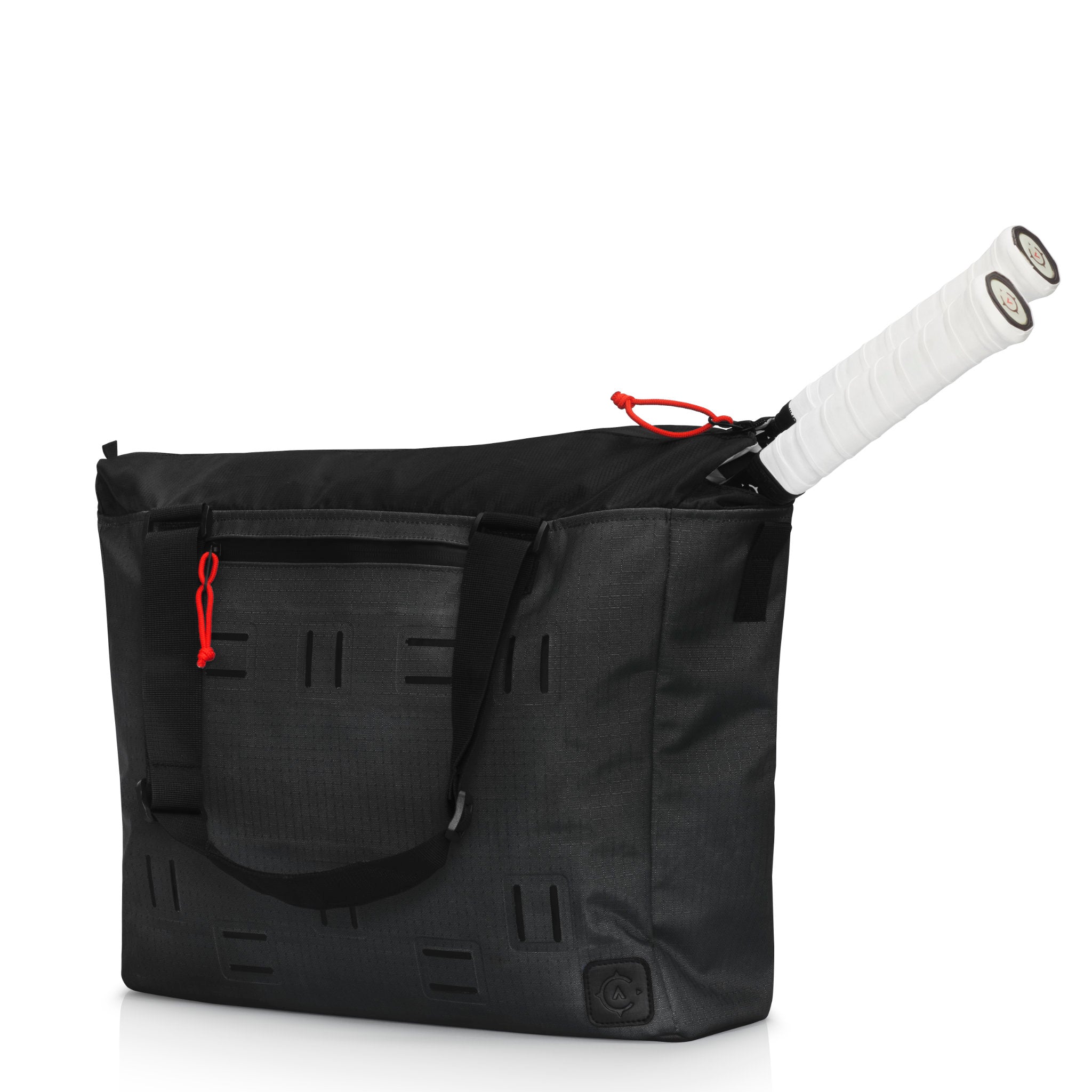 Black bag with a tennis racket inside on a white background