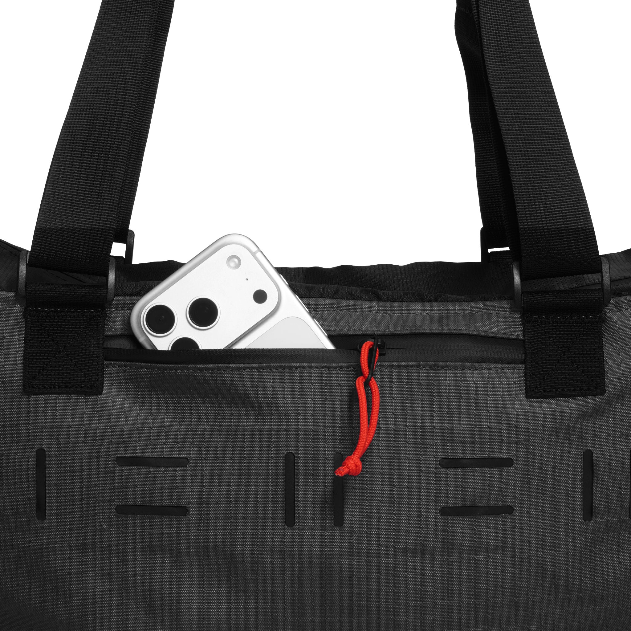 Black bag with a phone inside, featuring a red string detail on a white background